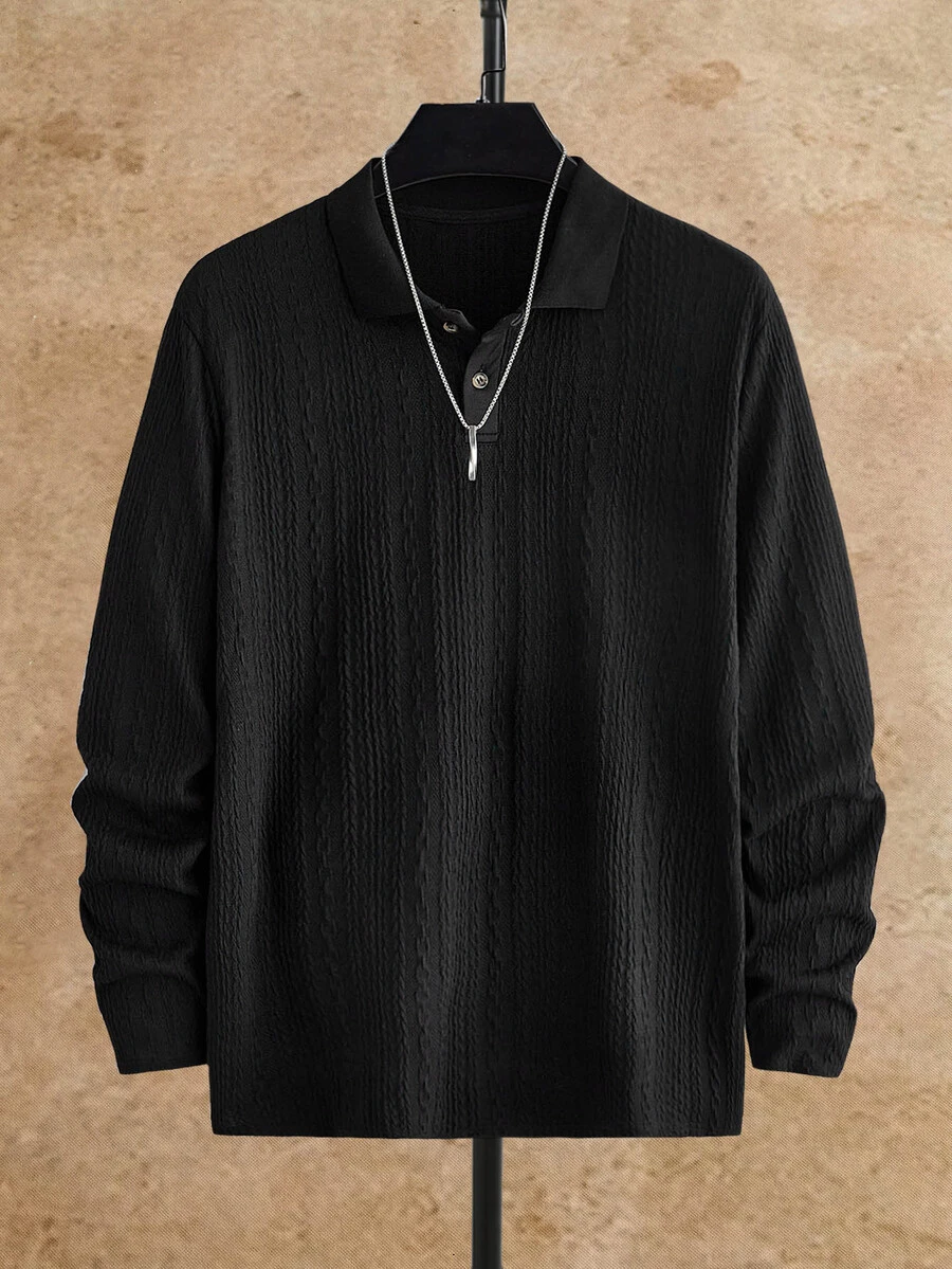 HIMLAND Men's Black Long-Sleeve Polo Shirt, Textured Knit Collared Top, Fall/Winter Base Layer, Streetwear Halloween Christmas Winter Party Autumn - Black - View 1
