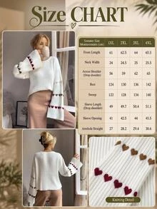 SHEIN Plus Size Heart Patterned Flared Sleeve Ribbed Knit Sweater Home Formal White Casual Fairy - White - View 5