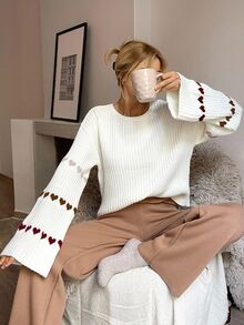 SHEIN Plus Size Heart Patterned Flared Sleeve Ribbed Knit Sweater Home Formal White Casual Fairy - White - View 1