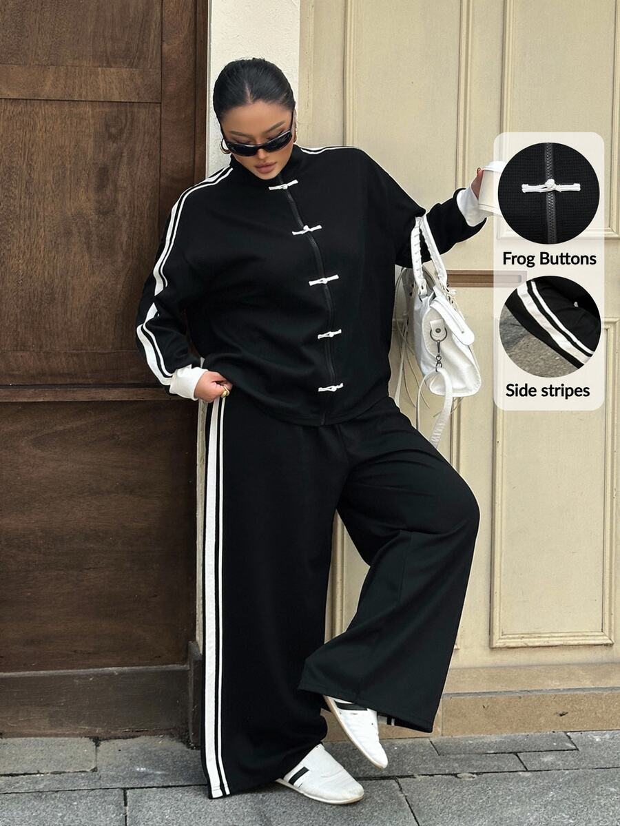 Muchica Plus Size Women's Colorblock Long Sleeve Top And Pants Casual Daily 2 Pieces Set