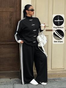 Muchica Plus Size Women's Colorblock Long Sleeve Top And Pants Casual Daily 2 Pieces Set - Black and White - View 4