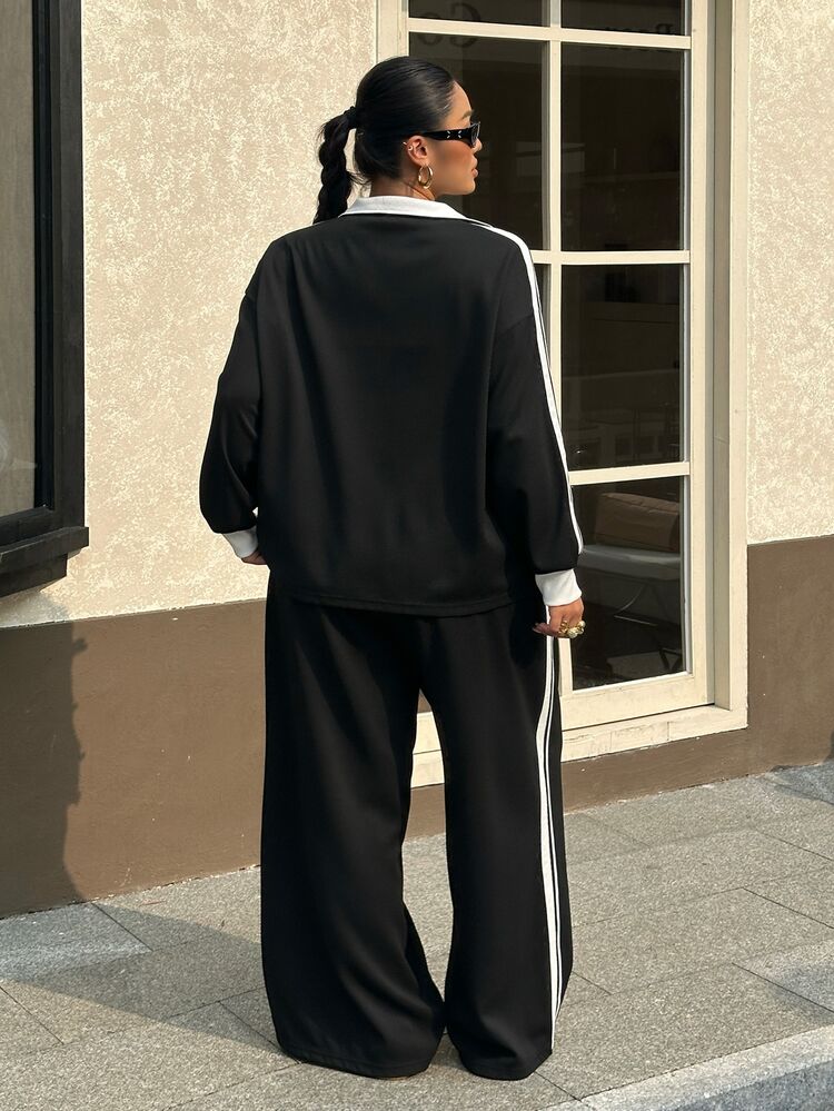 Muchica Plus Size Women's Colorblock Long Sleeve Top And Pants Casual Daily 2 Pieces Set - Black and White - View 2