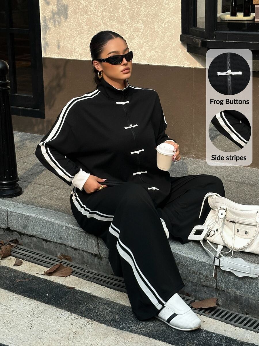 Muchica Plus Size Women's Colorblock Long Sleeve Top And Pants Casual Daily 2 Pieces Set - Black and White - View 1