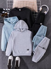 SHEIN 6件組青少年男孩字母印花長袖連帽衛衣與運動長褲休閒套裝 - 彩色 - 查看 1