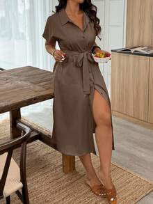 Weeklong Plus Size Women Casual Vacation Style Short Sleeve Single-Breasted Shirt Dress BASICS - Mocha Brown - View 6