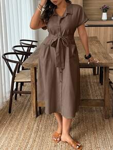 Weeklong Plus Size Women Casual Vacation Style Short Sleeve Single-Breasted Shirt Dress BASICS - Mocha Brown - View 4