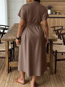 Weeklong Plus Size Women Casual Vacation Style Short Sleeve Single-Breasted Shirt Dress BASICS - Mocha Brown - View 2