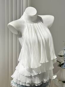 Elamini Women's Summer White Shirt, Pleated Fabric, Mid Neck, Halter Neck, Tie Strap, Backless, Gathered, Multi-Layer Ruffle, Wedding, Beach Brunch, Elegant - White - View 3