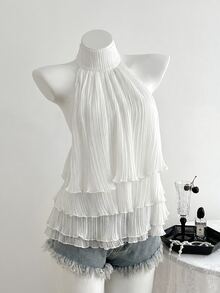 Elamini Women's Summer White Shirt, Pleated Fabric, Mid Neck, Halter Neck, Tie Strap, Backless, Gathered, Multi-Layer Ruffle, Wedding, Beach Brunch, Elegant - White - View 4