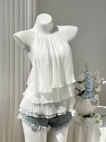 Elamini Women's Summer White Shirt, Pleated Fabric, Mid Neck, Halter Neck, Tie Strap, Backless, Gathered, Multi-Layer Ruffle, Wedding, Beach Brunch, Elegant - White - View 5
