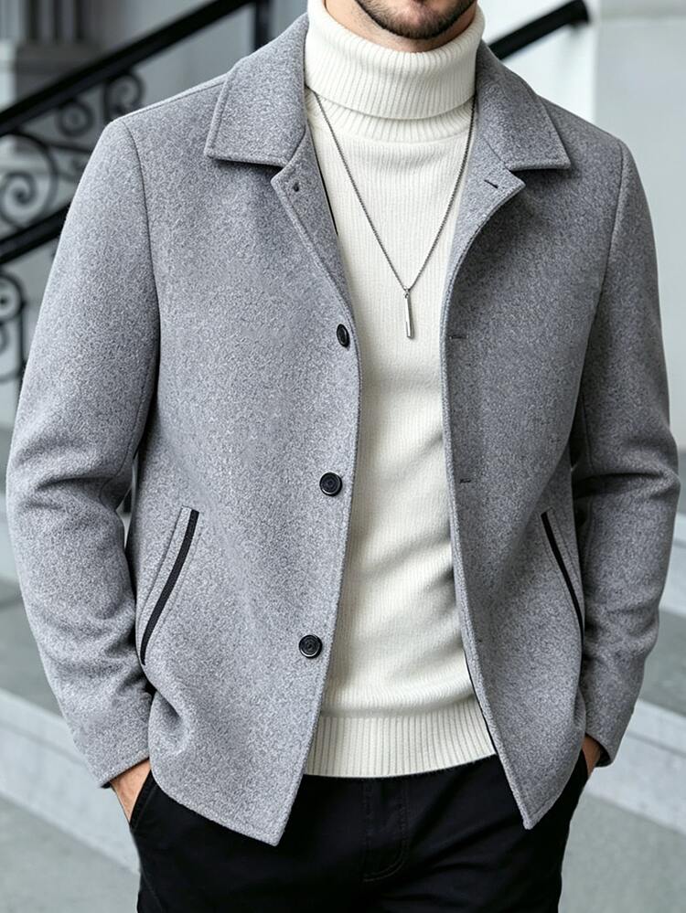 Manfinity CasualCool Men's Grey Subtle Patterned Lapel Collar Slim Fit Commuter Business Overcoat - Grey - View 5
