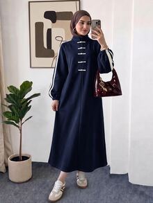 Veilorie 女款對比色條紋青蛙鈕扣長洋裝 - 藏蓝色 - 查看 7
