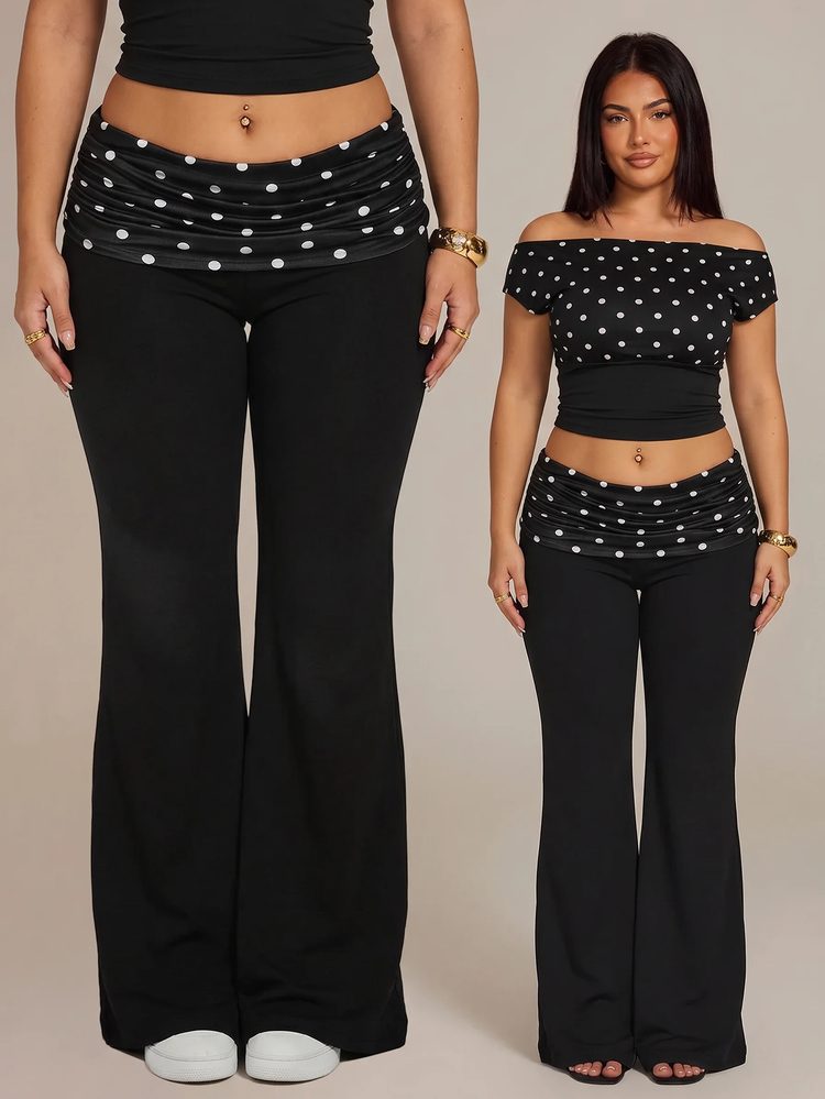 SHEIN PETITE CURVE Plus Size French Style Versatile Polka Dot Print Pleated Flared Pants Fall Home Birthday Black Casual Cargo - Black - View 10