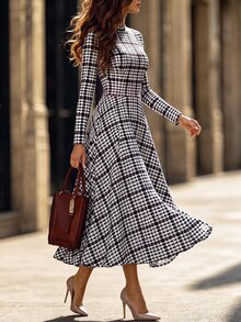 Editum Women's Plaid Casual French Vintage Elegant 70s Party Dinner Brunch Office Midi Dress Black And White Checkered Animal Print Fall - Brown - View 4
