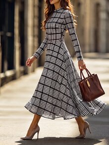 Editum Women's Plaid Casual French Vintage Elegant 70s Party Dinner Brunch Office Midi Dress Black And White Checkered Animal Print Fall - Brown - View 3