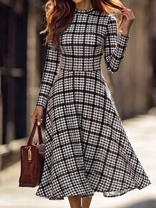 Editum Women's Plaid Casual French Vintage Elegant 70s Party Dinner Brunch Office Midi Dress Black And White Checkered Animal Print Fall - Brown - View 6