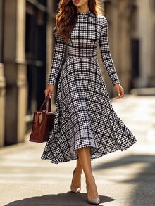 Editum Women's Plaid Casual French Vintage Elegant 70s Party Dinner Brunch Office Midi Dress Black And White Checkered Animal Print Fall - Brown - View 5