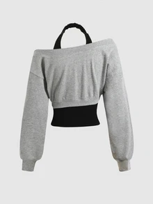 SHEIN 青少年女孩秋冬新款黑灰拼色掛脖拼接2合1長袖運動衫街頭休閒Y2K風 - 灰色 - 查看 3
