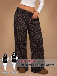 SHEIN Tall CURVE 大尺碼時尚豹紋寬鬆街頭風休閒復古運動長褲，適合日常穿著、居家服、旅行與正式場合，秋季款 - 棕色 - 查看 9