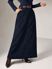 Heiryn Women's Solid Color Long Elegant Commuting A-Line Skirt With Pockets - Navy Blue - View 3