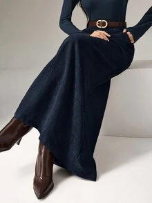 Heiryn Women's Solid Color Long Elegant Commuting A-Line Skirt With Pockets - Navy Blue - View 1