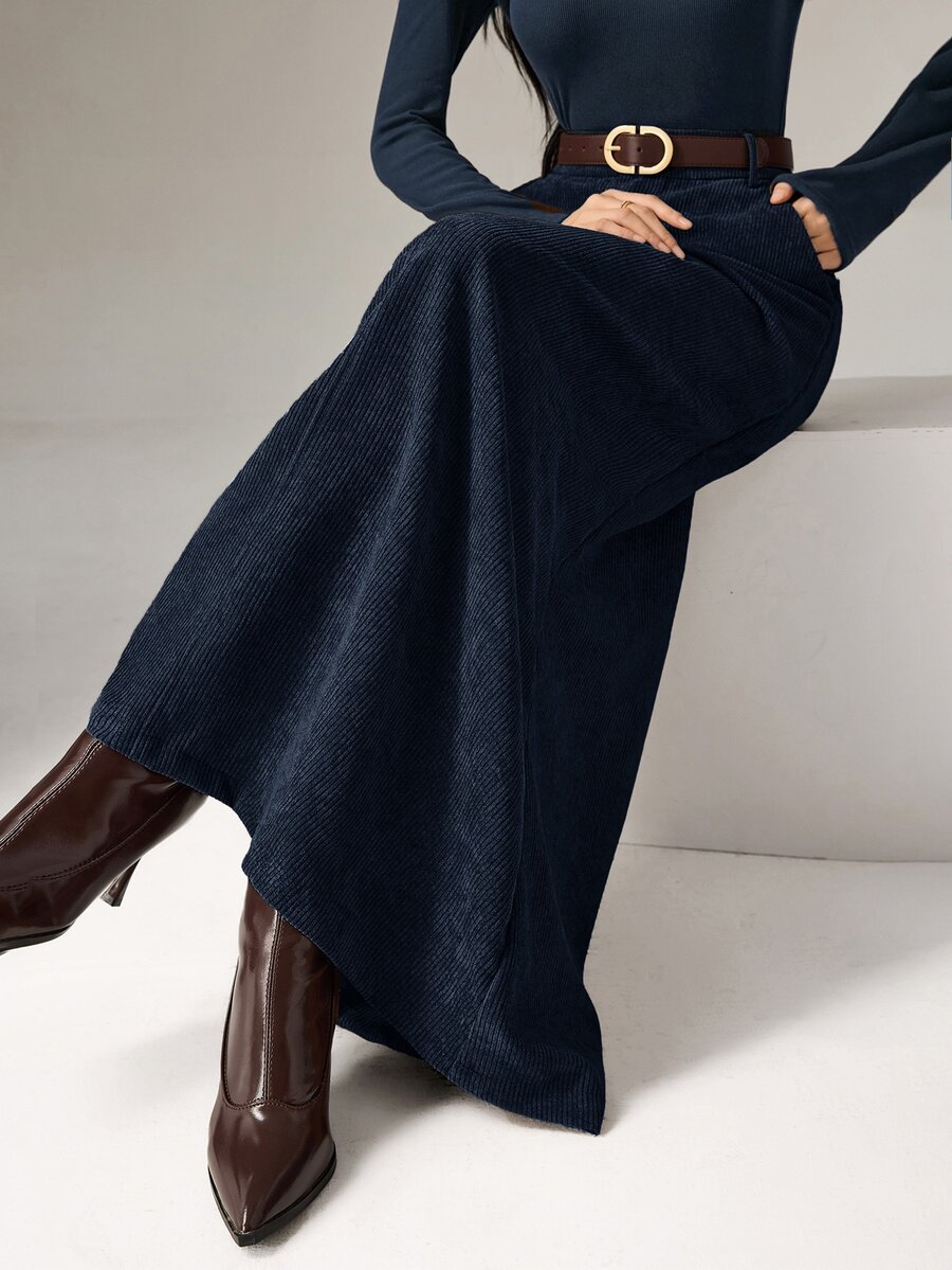 Heiryn Women's Solid Color Long Elegant Commuting A-Line Skirt With Pockets - Navy Blue - View 1