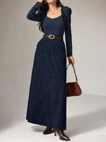 Heiryn Women's Solid Color Long Elegant Commuting A-Line Skirt With Pockets - Navy Blue - View 4