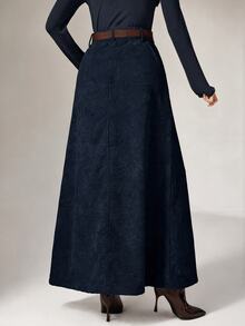 Heiryn Women's Solid Color Long Elegant Commuting A-Line Skirt With Pockets - Navy Blue - View 6