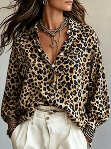 SHEIN 復古咖啡棕條紋翻領寬鬆長袖女款襯衫，垂墜慵懶休閒風，適合度假通勤百搭上衣 - 黃色 - 查看 6