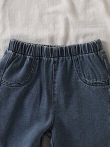SHEIN 2件組女童經典格紋上衣配燈籠泡泡袖與藍色寬腿牛仔褲，春/秋季 - 紅色 - 查看 6