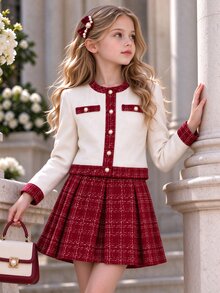 SHEIN Tween Girls 80s Tweed Jacket Pleated Skirt Set 2 Piece Fall Winter Outfits Plaid Round Neck Knit Blazer Skater Burgundy Christmas Family - Burgundy - View 6