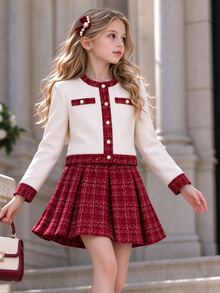 SHEIN Tween Girls 80s Tweed Jacket Pleated Skirt Set 2 Piece Fall Winter Outfits Plaid Round Neck Knit Blazer Skater Burgundy Christmas Family - Burgundy - View 3