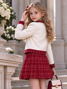 SHEIN Tween Girls 80s Tweed Jacket Pleated Skirt Set 2 Piece Fall Winter Outfits Plaid Round Neck Knit Blazer Skater Burgundy Christmas Family - Burgundy - View 2