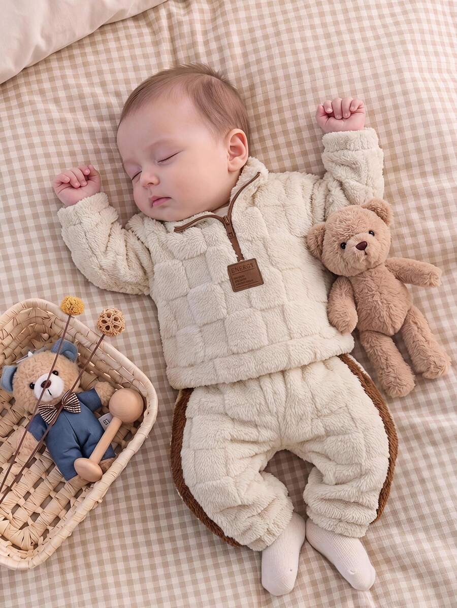 SHEIN 2件組幼兒男童套頭上衣與長褲套裝,可愛學院風米色與棕色毛絨絎縫拼接拉鍊長袖立領加厚戶外秋冬保暖毛絨裝 - 米色 - 查看 1