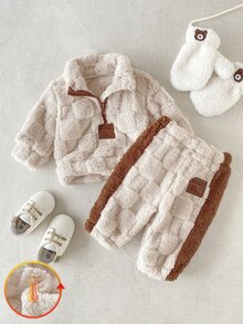 SHEIN 2件組幼兒男童套頭上衣與長褲套裝，可愛學院風米色與棕色毛絨絎縫拼接拉鍊長袖立領加厚戶外秋冬保暖毛絨裝 - 米色 - 查看 10