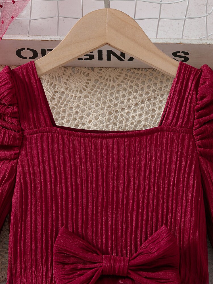 Glamorique Kids Young Girls Magenta Sequin & Mesh Star Decor Stand Collar Long Sleeve Bow Princess Dress, Party & Valentine Occasion, Spring/Autumn - Burgundy - View 8