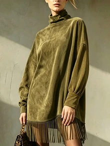 LUMIGAL 女款秋冬新款軍綠色天鵝絨面料高領長袖流蘇拼接短洋裝，女款復古穿搭，初秋穿搭 - 綠色 - 查看 10