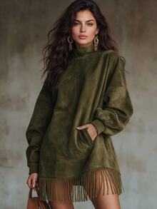 LUMIGAL 女款秋冬新款軍綠色天鵝絨面料高領長袖流蘇拼接短洋裝，女款復古穿搭，初秋穿搭 - 綠色 - 查看 2