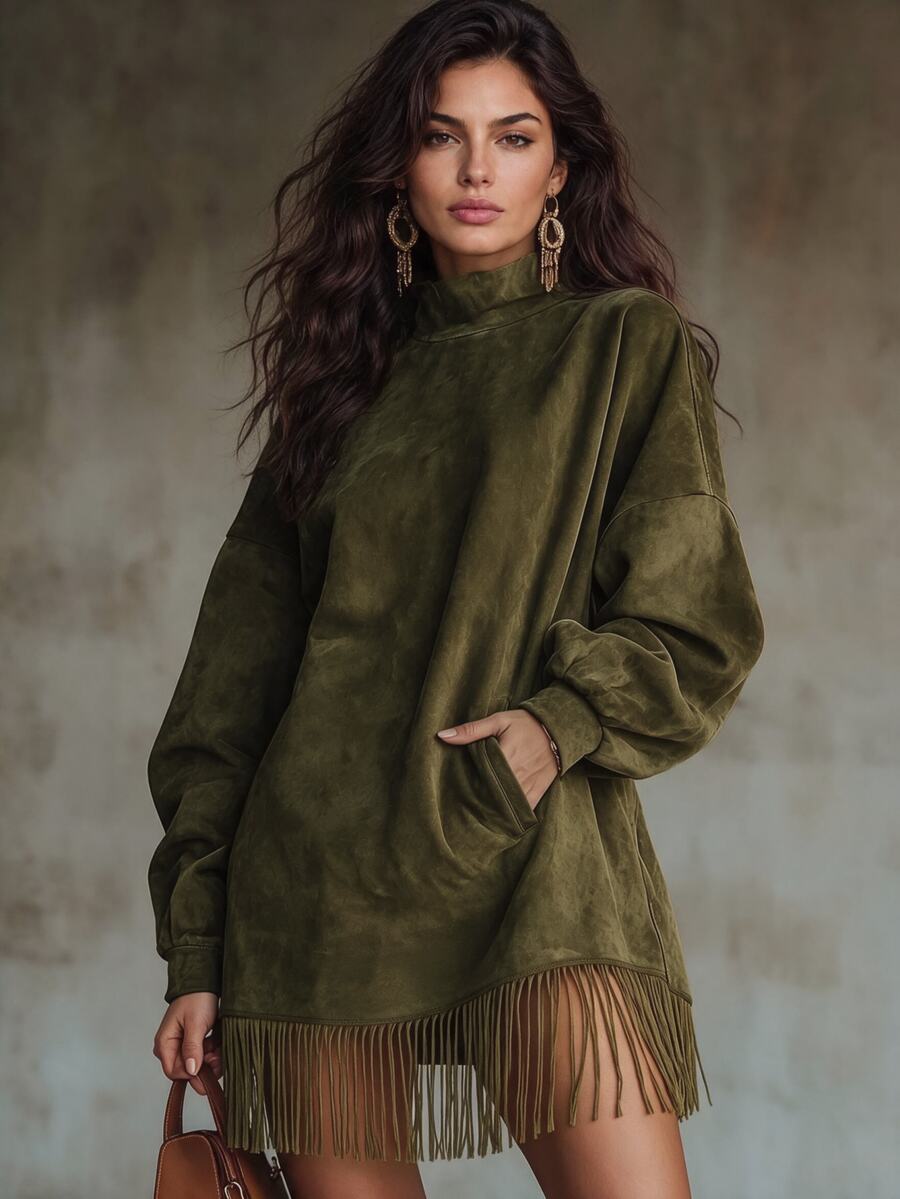 LUMIGAL 女款秋冬新款軍綠色天鵝絨面料高領長袖流蘇拼接短洋裝，女款復古穿搭，初秋穿搭