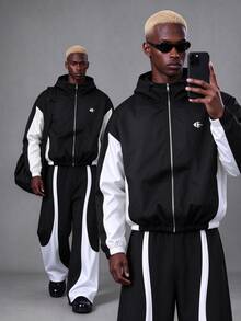 Manfinity Hypemode Men's Black And White Colorblock Hooded Jacket, Y2K Hip-Hop Halloween Streetwear Lightweight Zip-Up Jacket, Teen Horror Outfit Vacation Sports Fall - Black and White - View 3
