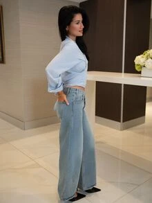 Nelanie Turli 女士宽松斜领系带长袖休闲夏季衬衫 - 藍色 - 查看 3
