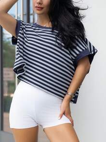 Nelanie Turli 条纹露背蝙蝠袖短款运动T恤 - 藍色 - 查看 4