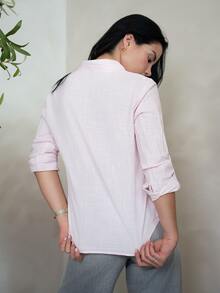 Nelanie Turli 粉色女款襯衫，春季標準肩寬版型，鈕扣長袖，優雅休閒通勤約會日常度假日畢業季音樂節顯瘦優雅百搭高端夏季社交假日派對出遊海灘辦公室法式復古極簡清新 - 粉色 - 查看 2