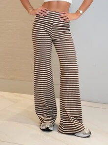 Nelanie Turli 女款摺腰運動休閒長褲 條紋喇叭褲 棕色針織圖案 寬腿羅紋闊腿褲 秋季 高個女款 - 咖啡棕 - 查看 3
