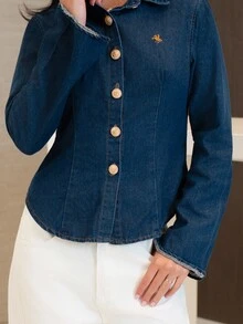 Nelanie Turli 女士休闲日常通勤刺绣喇叭袖纽扣修身牛仔衬衫，春秋季西部时尚牛仔荷叶边衬衫，喇叭袖配金色细节，冬季圣诞节新年感恩节优雅派对 - 深色水洗藍 - 查看 4