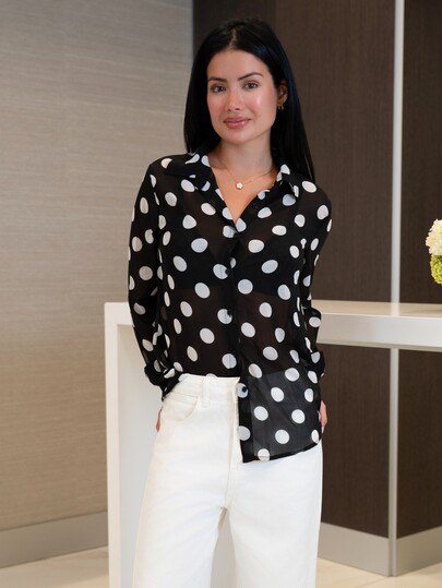 Nelanie Turli 高品质时尚法式复古优雅波点雪纺长袖衬衫，百搭波点衬衫，适合通勤和度假穿着，女士必备