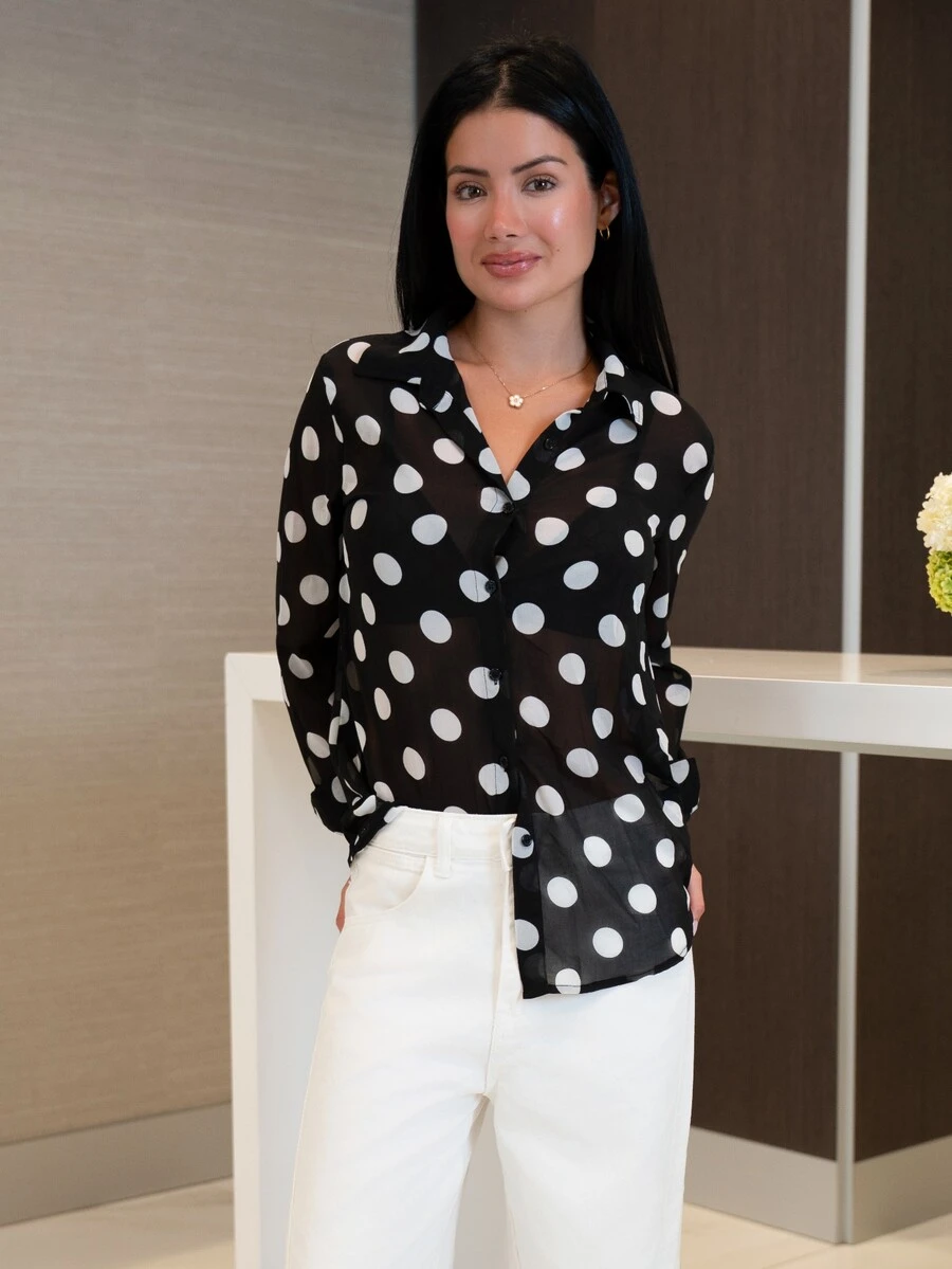 Nelanie Turli 高品质时尚法式复古优雅波点雪纺长袖衬衫，百搭波点衬衫，适合通勤和度假穿着，女士必备 - 黑與白 - 查看 1