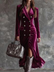 Omancia Women Fuzzy Fleece Blazer Jacket Faux Leather Lapel Patchwork Button Outerwear Fall Winter Daily Brown - Red Violet - View 6
