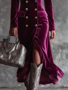 Omancia Women Fuzzy Fleece Blazer Jacket Faux Leather Lapel Patchwork Button Outerwear Fall Winter Daily Brown - Red Violet - View 5