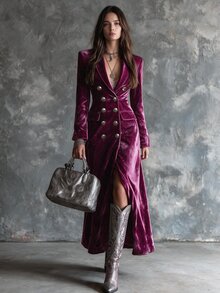 Omancia Women Fuzzy Fleece Blazer Jacket Faux Leather Lapel Patchwork Button Outerwear Fall Winter Daily Brown - Red Violet - View 1